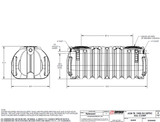 1000 Gallon Septic Tank – NexGen D2. Single Compartment. 60”D x 51”H x 127”L