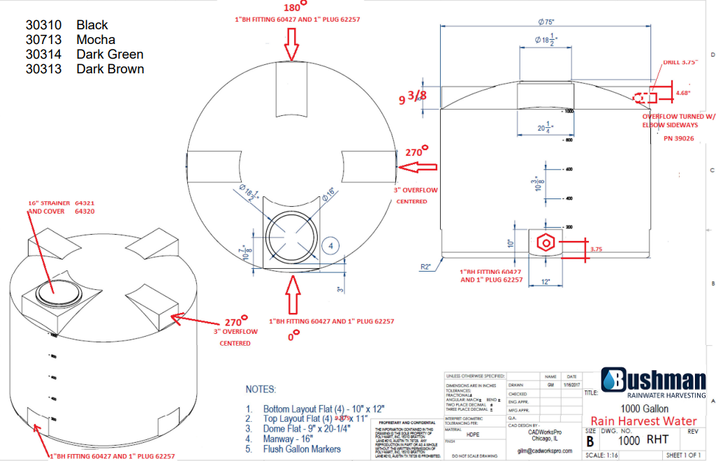 30314- RH 1,000 gal 75" D x 65" H