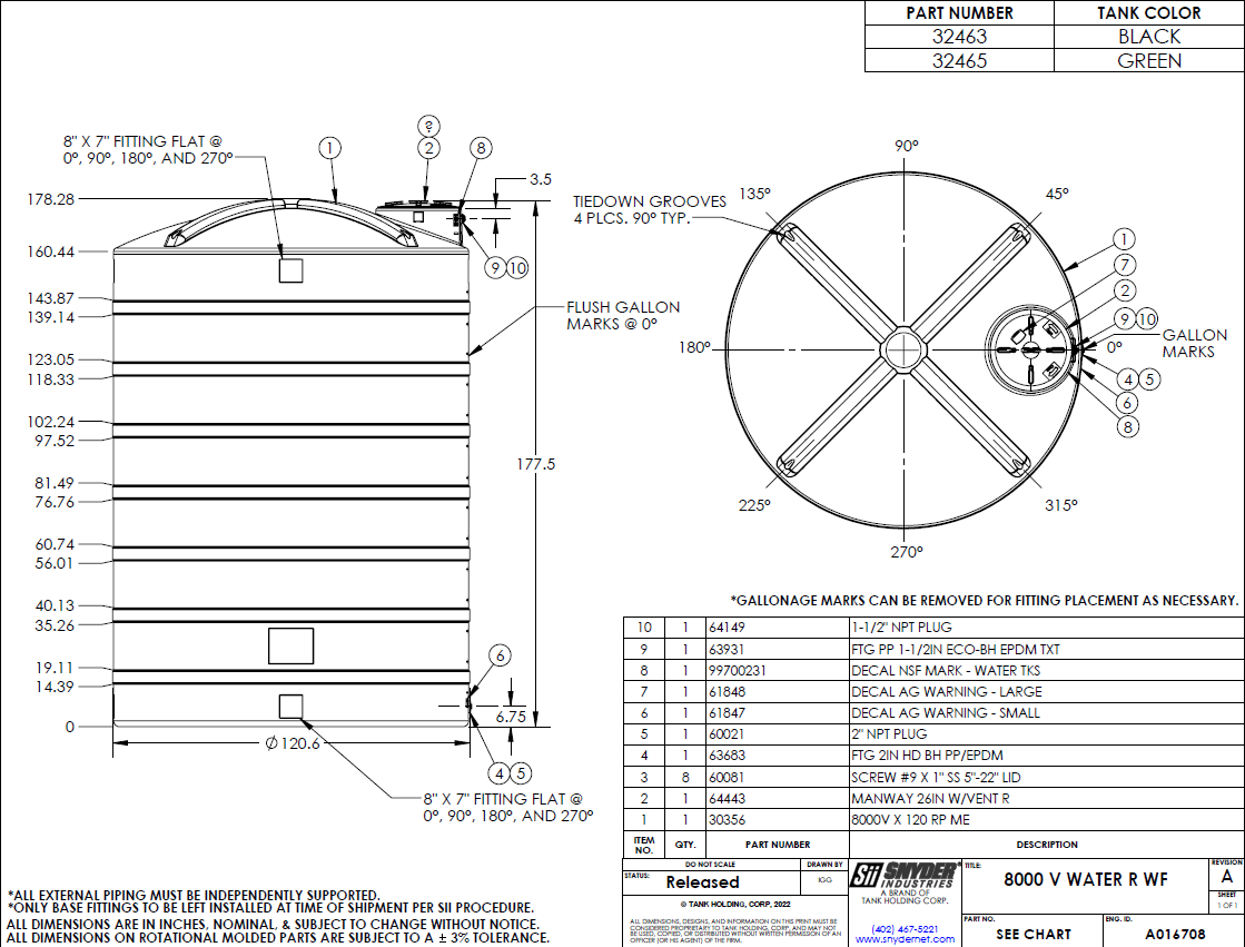 8,000 Gallon Vertical Water Storage Tank 120″D x 183″H