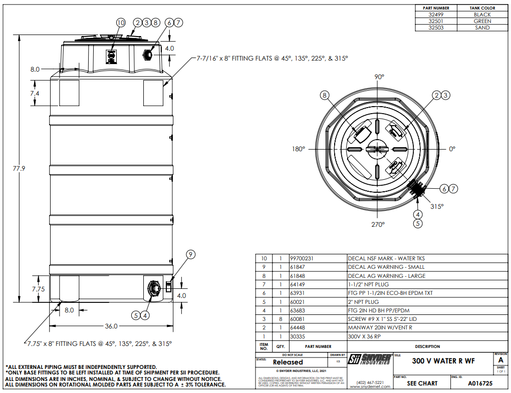 300 Gallon Vertical Water Storage Tank 36”D x 72”H- CA
