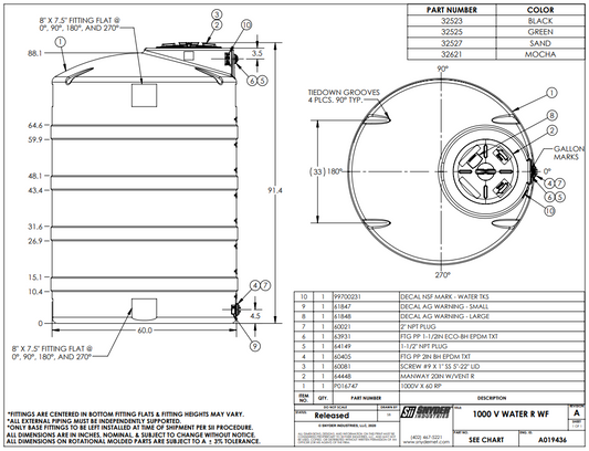 1000 Gallon Vertical Water Storage Tank 60″D x 89″H- OK