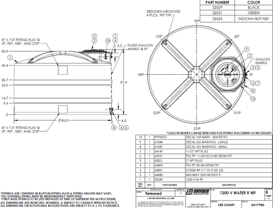 1,200 Gallon Vertical Water Storage Tank 86″D x 56.5″H- AL