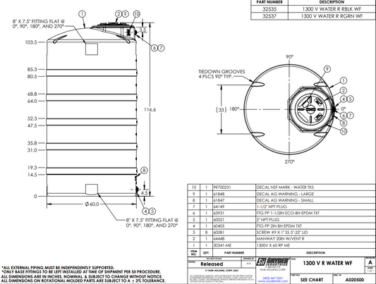1,300 Gallon Vertical Water Storage Tank 60″D x 114″H- CA