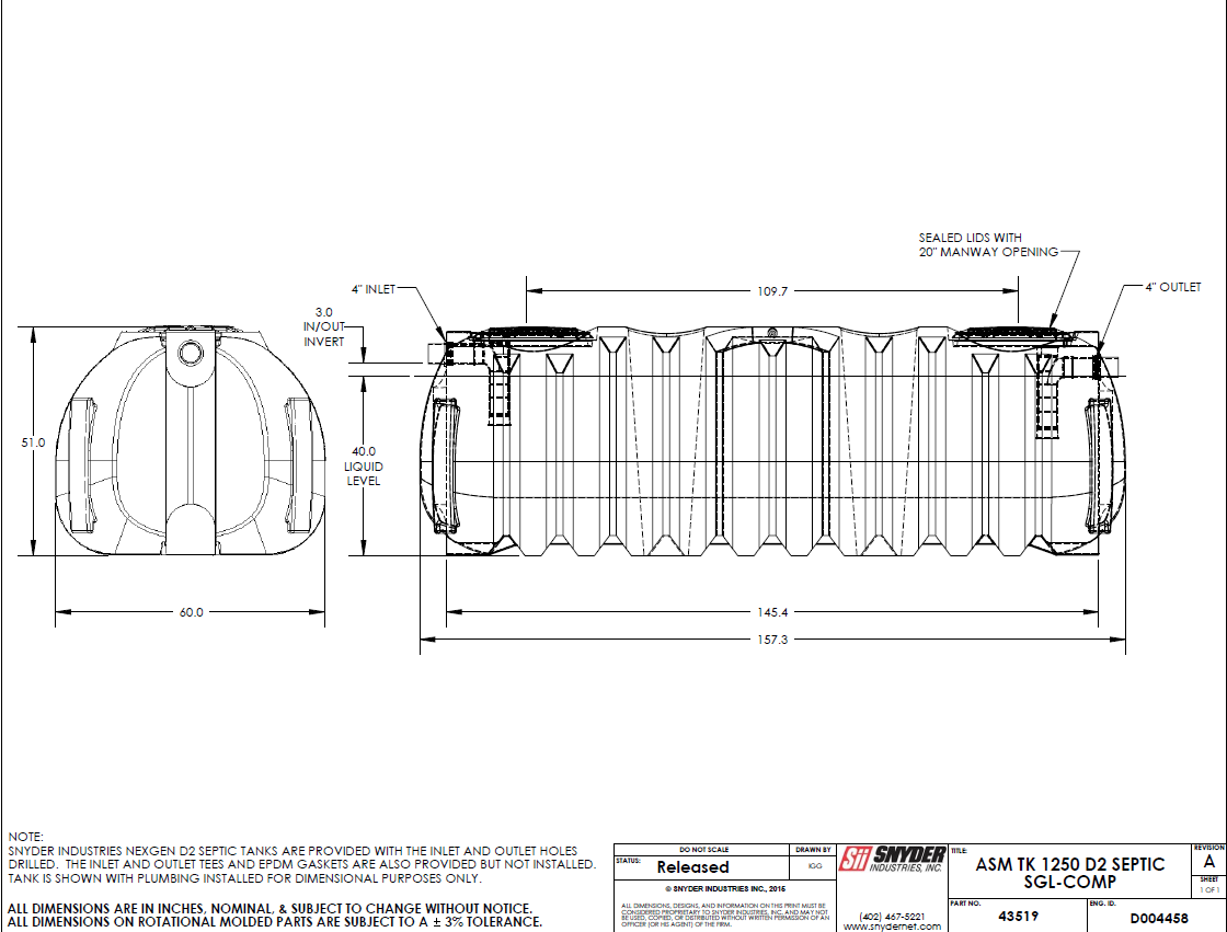 1250 Gallon Septic Tank – NexGen D2. Single Compartment. 60”D x 51”H x 157”L - NE