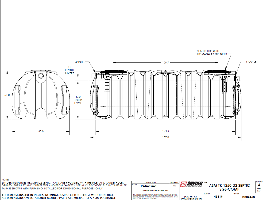 1500 Gallon Septic Tank Nexgen D2 Single Compartment 69”d X 51”h X National Poly Tanks 