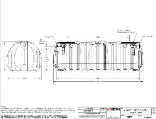 1500 Gallon Septic Tank – NexGen D2. Single Compartment. 69”D x 51”H x 157”L - WV