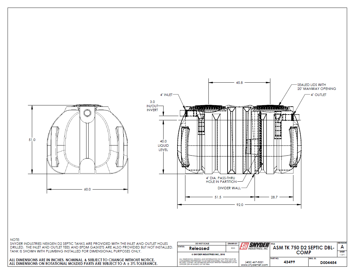 750 Gallon Septic Tank – NexGen D2. Single Compartment. 60”D x 51”H x 92”L