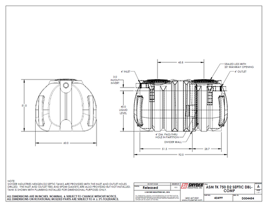 750 Gallon Septic Tank – NexGen D2. Double Compartment. 60″D x 51″H x 92″L - OK