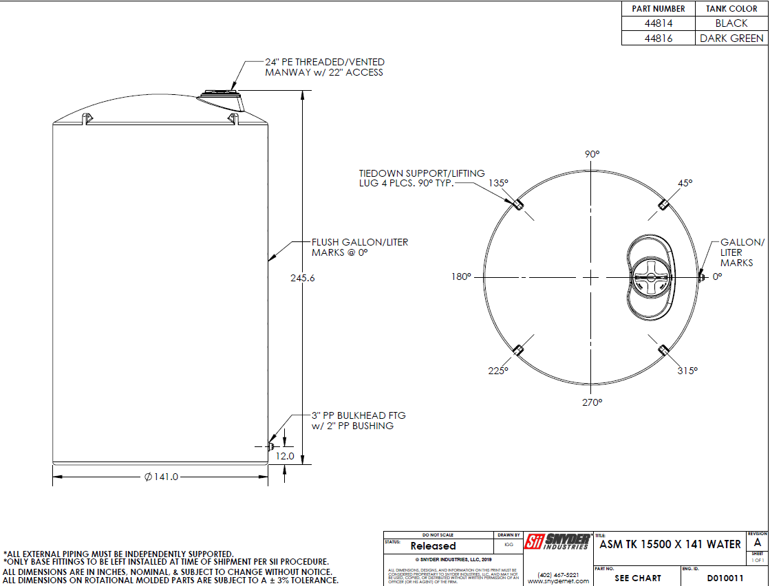 15,500 Gallon Vertical Water Storage Tank 141″D x 244″H