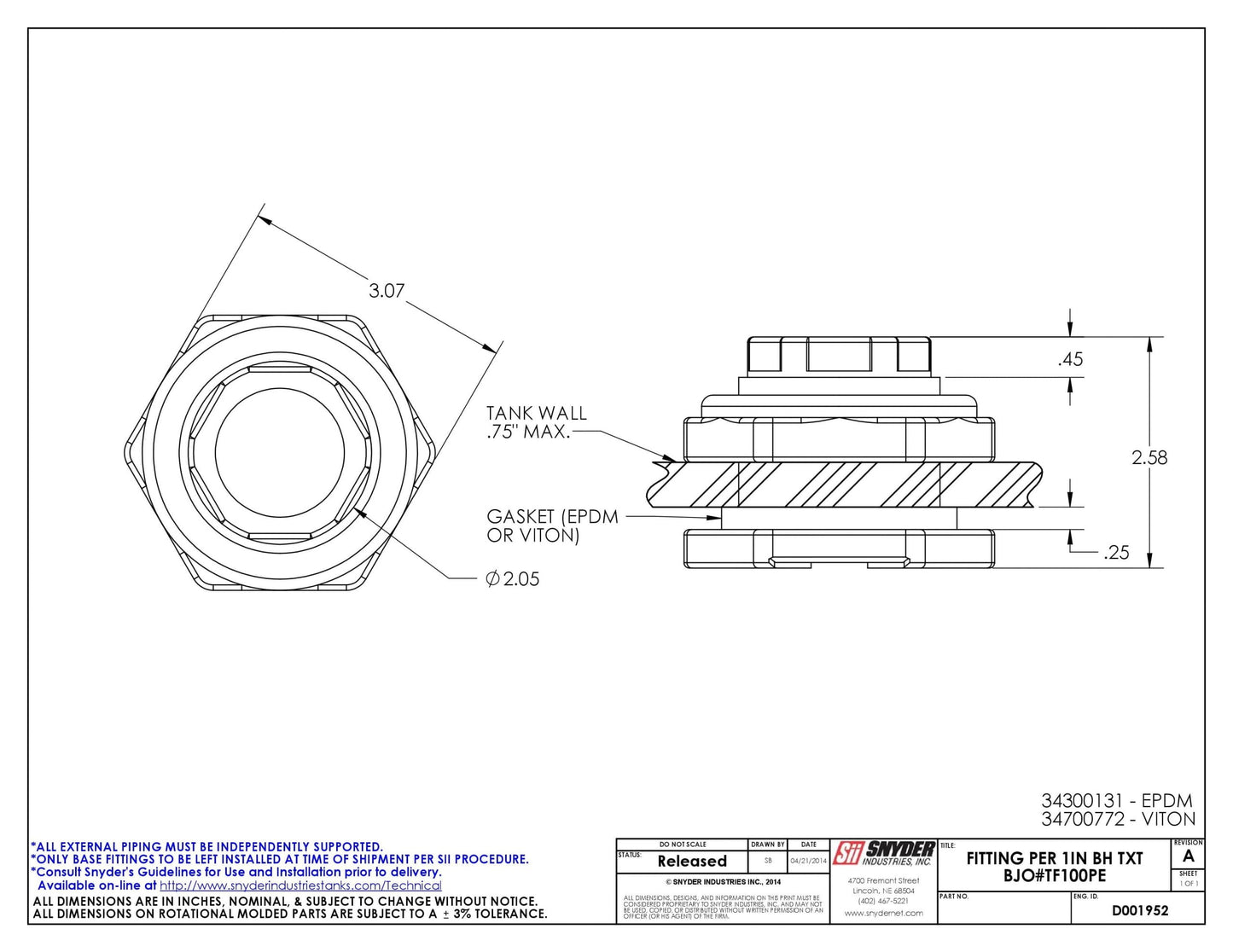 1″ Double-threaded polypropylene (bulkhead) – Heavy Duty