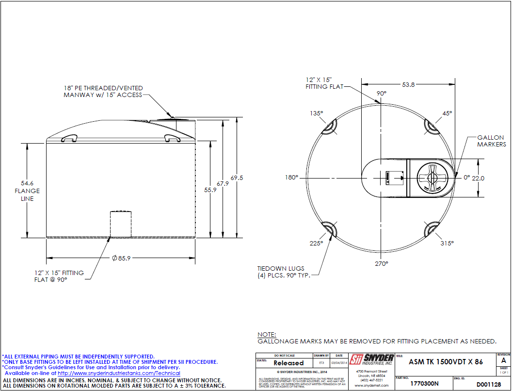 1770000N 1,500 Gallon 86" Diameter x 72" Tall - 1.9SG - WV