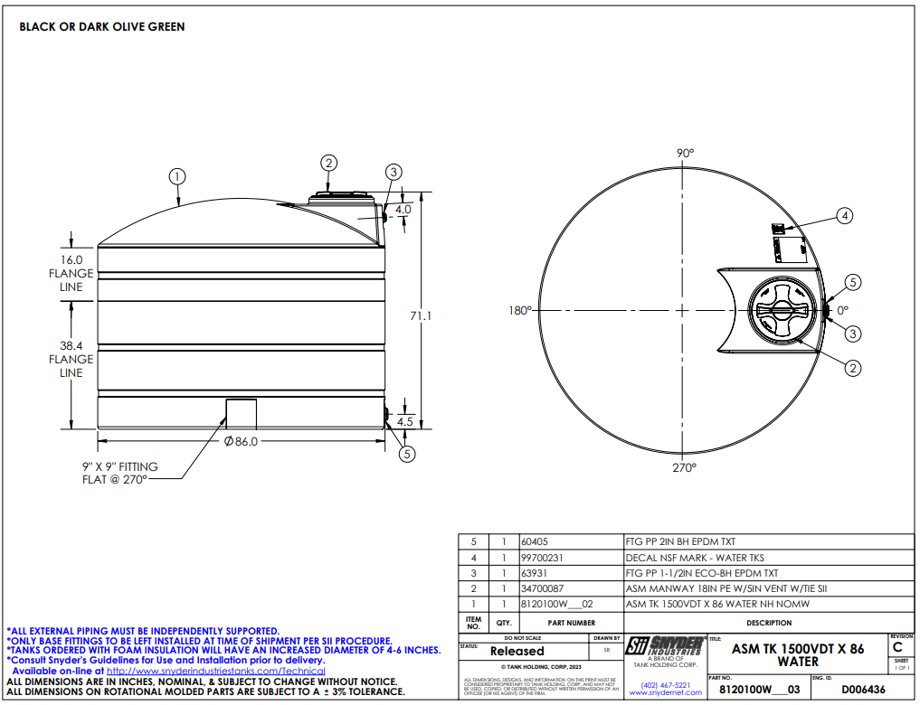 1,500 Gallon Vertical Water Storage Tank 86″D x 71″H- AR