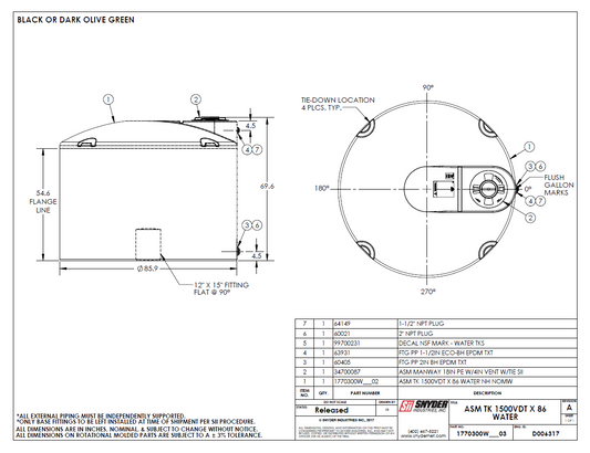 1,500 Gallon Vertical Water Storage Tank 86″D x 70″H- WV