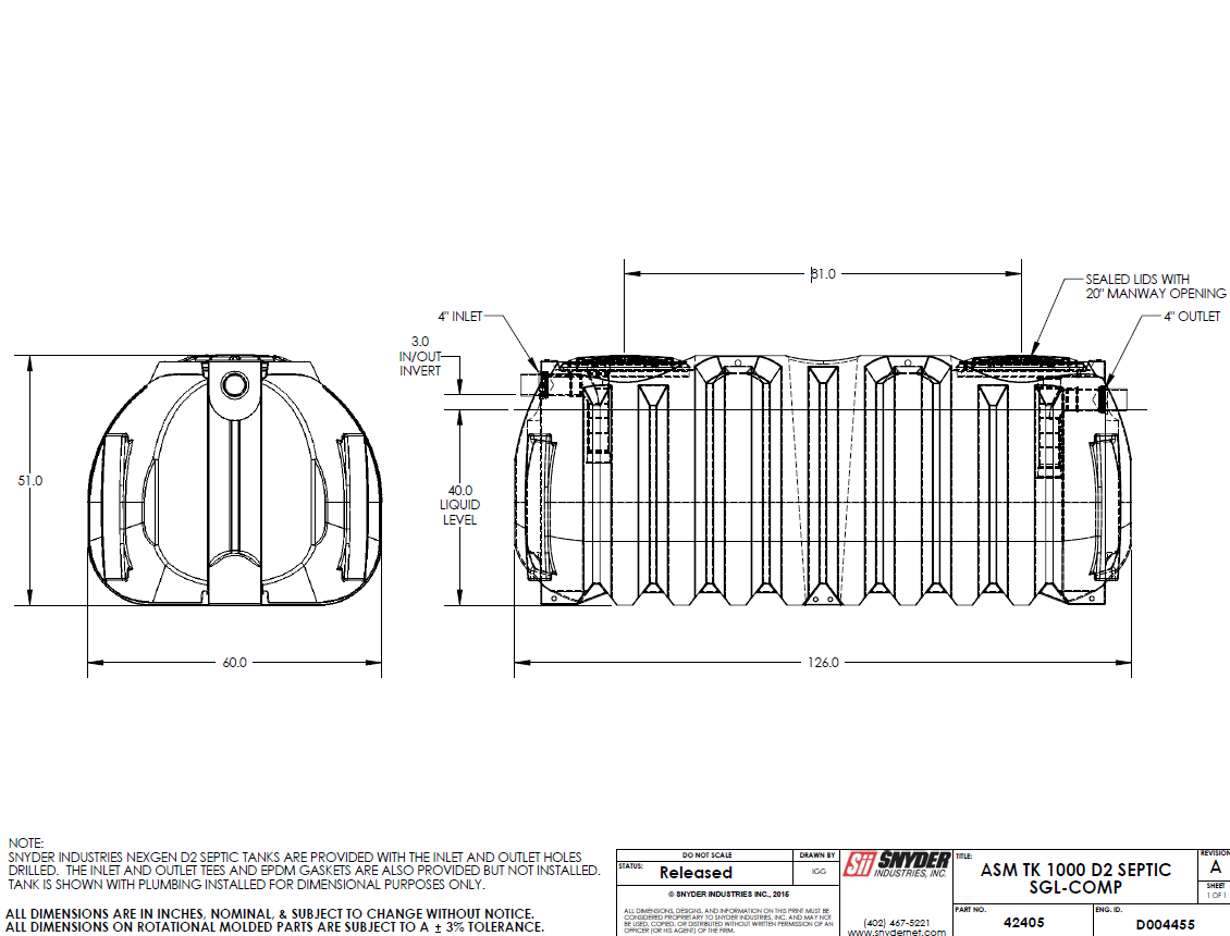 1000 Gallon Septic Tank – NexGen D2. Single Compartment. 60”D x 51”H x 127”L