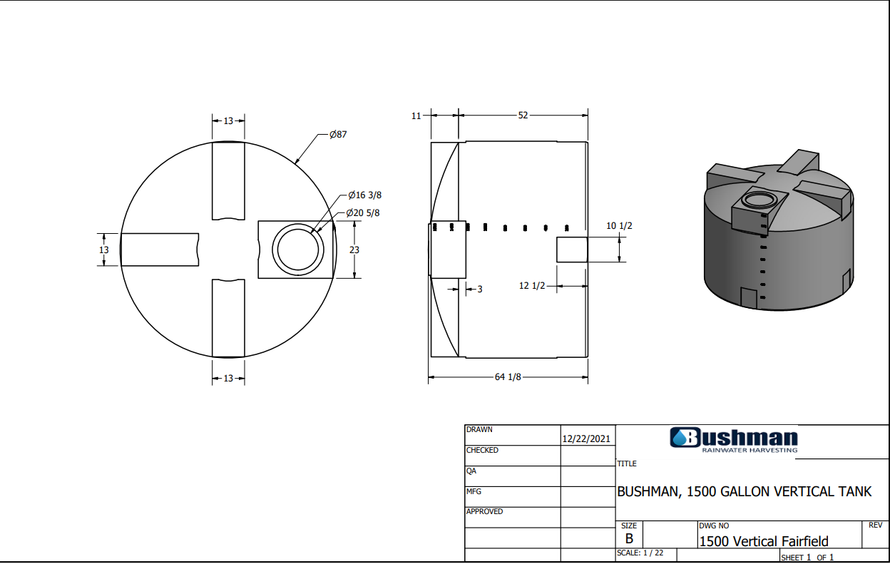 30365- RH 1,500 gal 90" D x 64" H