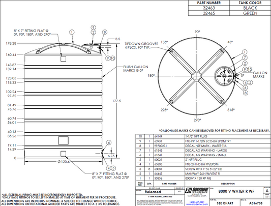 8,000 Gallon Vertical Water Storage Tank 120″D x 183″H