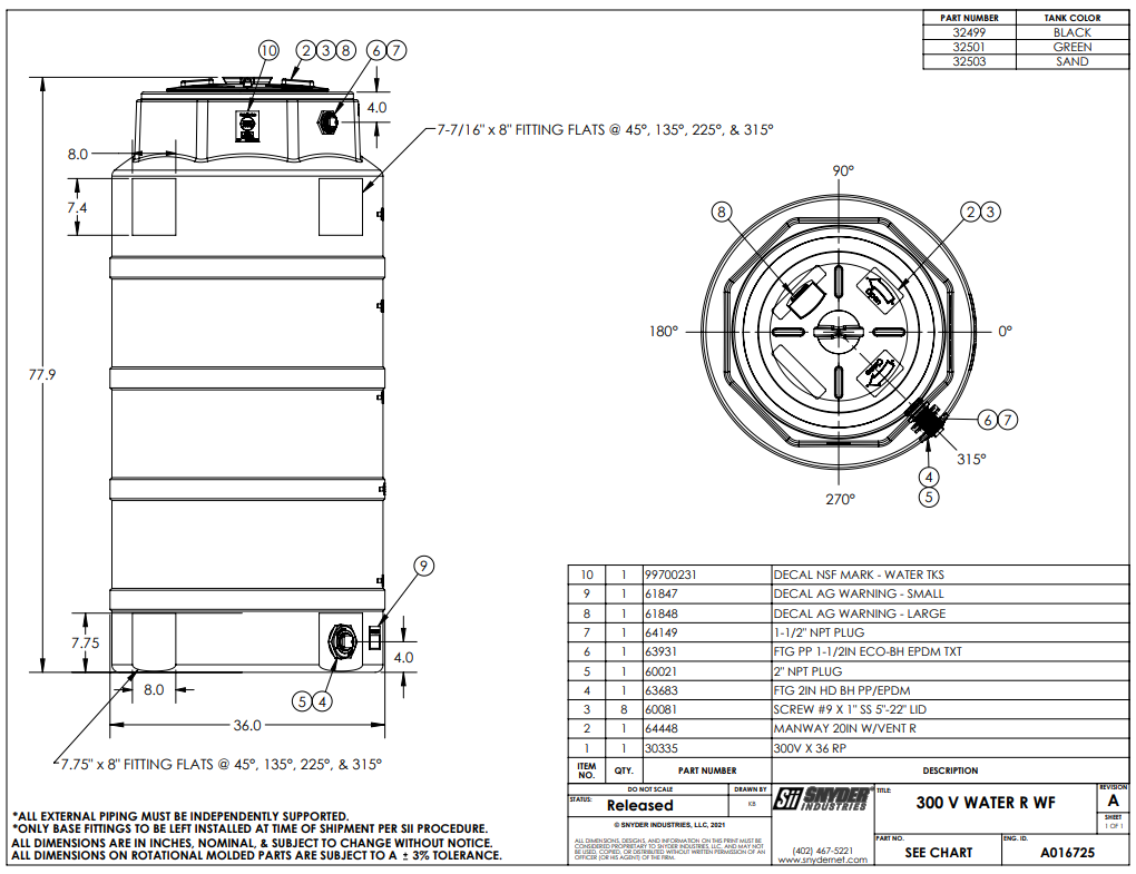 300 Gallon Vertical Water Storage Tank 36”D x 72”H- AL