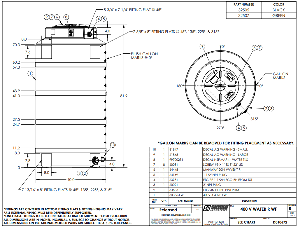 400 Gallon Vertical Water Storage Tank 40”D x 80”H- CA