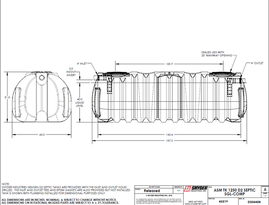 1250 Gallon Septic Tank – NexGen D2. Single Compartment. 60”D x 51”H x 157”L - AR