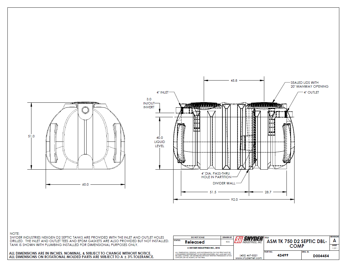 750 Gallon Septic Tank – NexGen D2. Double Compartment. 60″D x 51″H x 92″L - WV