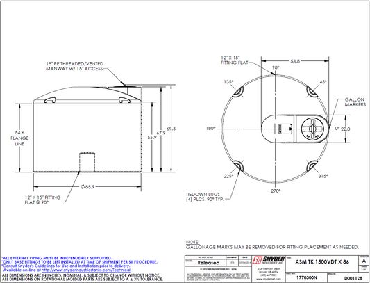 1770000N 1,500 Gallon 86" Diameter x 72" Tall - 1.9SG - WV
